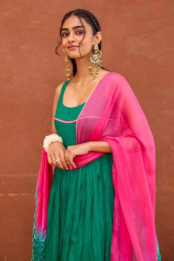 Taro_Emerald Green Silk, Cotton, Chiffon Scoop Neck Aarna Embroidered Anarkali Set _Online_at_Aza_Fashions