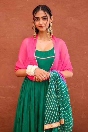 Buy_Taro_Emerald Green Silk, Cotton, Chiffon Scoop Neck Aarna Embroidered Anarkali Set _Online_at_Aza_Fashions