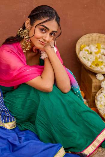 Shop_Taro_Emerald Green Silk, Cotton, Chiffon Scoop Neck Aarna Embroidered Anarkali Set _Online_at_Aza_Fashions