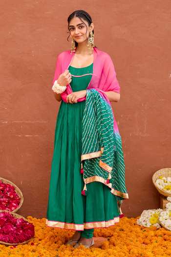 Taro_Emerald Green Silk, Cotton, Chiffon Scoop Neck Aarna Embroidered Anarkali Set _at_Aza_Fashions