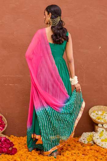 Shop_Taro_Emerald Green Silk, Cotton, Chiffon Scoop Neck Aarna Embroidered Anarkali Set _at_Aza_Fashions