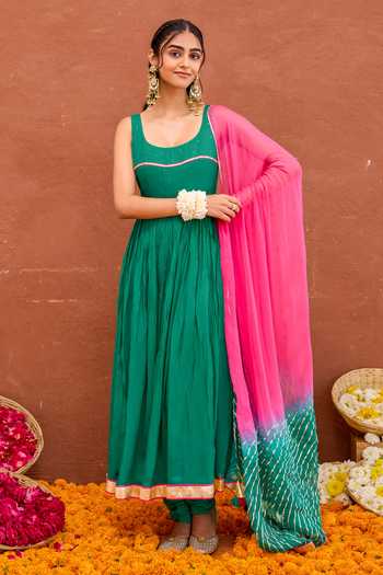 Buy_Taro_Emerald Green Silk, Cotton, Chiffon Scoop Neck Aarna Embroidered Anarkali Set 