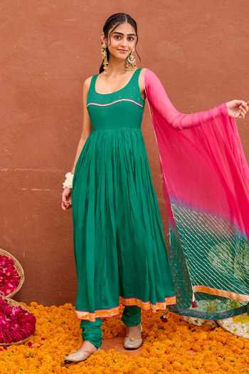 Shop_Taro_Emerald Green Silk, Cotton, Chiffon Scoop Neck Aarna Embroidered Anarkali Set 