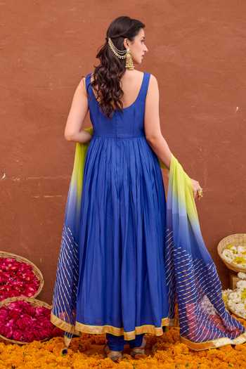 Shop_Taro_Blue Silk, Cotton, Chiffon Scoop Neck Kashvi Embroidered Anarkali Churidar Set _at_Aza_Fashions