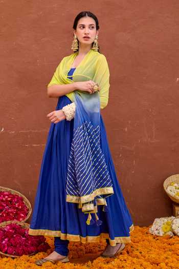 Taro_Blue Silk, Cotton, Chiffon Scoop Neck Kashvi Embroidered Anarkali Churidar Set _at_Aza_Fashions