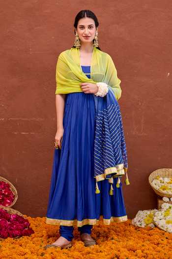 Shop_Taro_Blue Silk, Cotton, Chiffon Scoop Neck Kashvi Embroidered Anarkali Churidar Set 