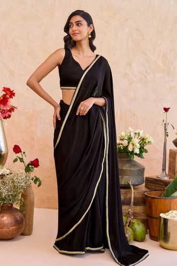 Buy_Taro_Black Silk, Crepe V-neck Siyahi Border Embellished Pre-draped Saree Set _Online_at_Aza_Fashions