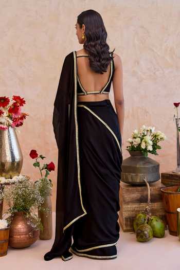 Shop_Taro_Black Silk, Crepe V-neck Siyahi Border Embellished Pre-draped Saree Set _at_Aza_Fashions