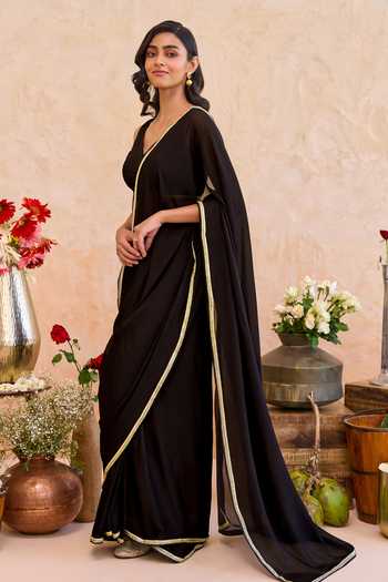 Shop_Taro_Black Silk, Crepe V-neck Siyahi Border Embellished Pre-draped Saree Set _Online_at_Aza_Fashions