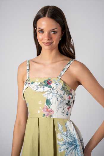 Buy_RANNA GILL_Olive Green Linen, Viscose Square Neck Marie Scallop Midi Dress _Online_at_Aza_Fashions