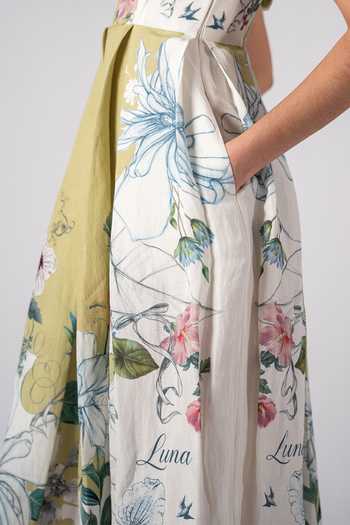 Shop_RANNA GILL_Olive Green Linen, Viscose Square Neck Marie Scallop Midi Dress _Online_at_Aza_Fashions