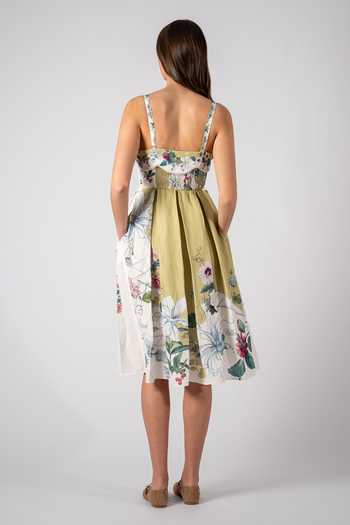 RANNA GILL_Olive Green Linen, Viscose Square Neck Marie Scallop Midi Dress _Online_at_Aza_Fashions