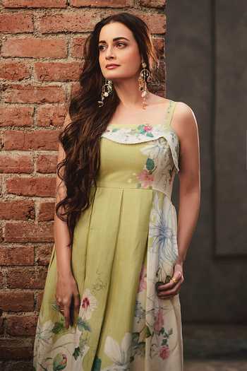 Buy_RANNA GILL_Olive Green Linen, Viscose Square Neck Marie Scallop Midi Dress _at_Aza_Fashions