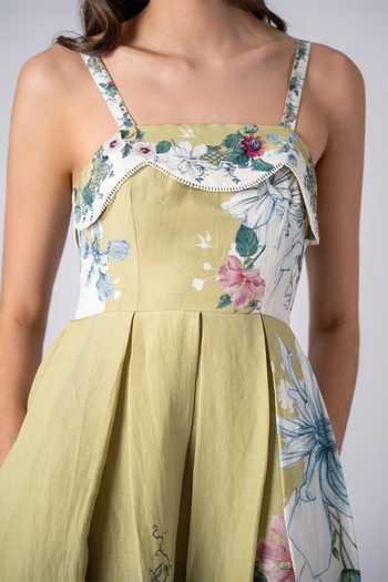 Shop_RANNA GILL_Olive Green Linen, Viscose Square Neck Marie Scallop Midi Dress 