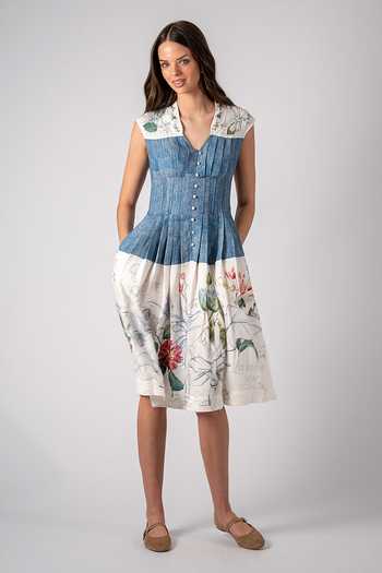 Buy_RANNA GILL_Multi Color Linen, Viscose V-neck Binx Pleated Midi Dress _at_Aza_Fashions
