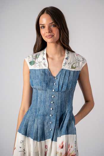 Buy_RANNA GILL_Multi Color Linen, Viscose V-neck Binx Pleated Midi Dress _Online_at_Aza_Fashions