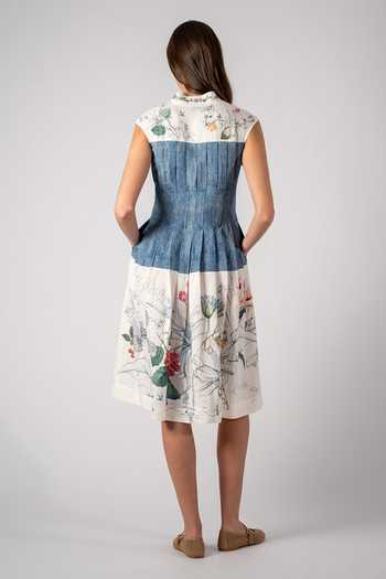 RANNA GILL_Multi Color Linen, Viscose V-neck Binx Pleated Midi Dress _Online_at_Aza_Fashions