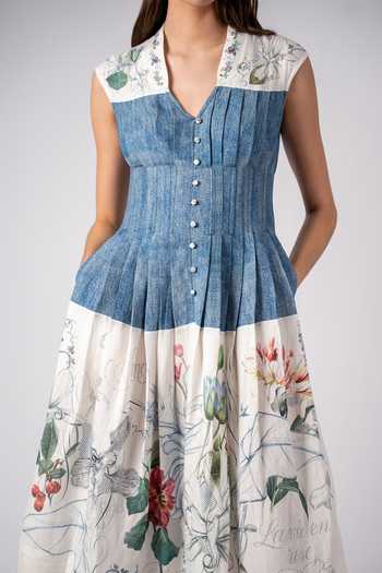 Shop_RANNA GILL_Multi Color Linen, Viscose V-neck Binx Pleated Midi Dress _Online_at_Aza_Fashions