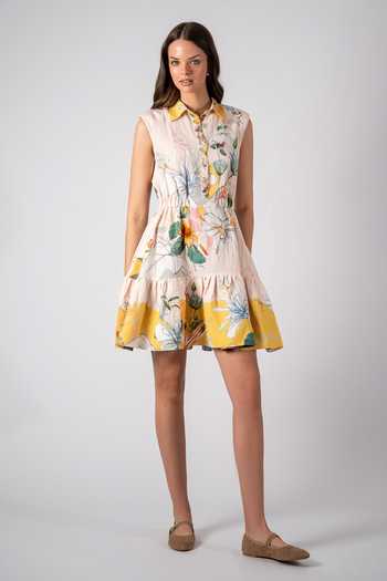 Buy_RANNA GILL_Multi Color Linen, Viscose Collared Neck Florence Sleeveless Tiered Mini Dress _at_Aza_Fashions