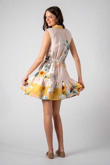 RANNA GILL_Multi Color Linen, Viscose Collared Neck Florence Sleeveless Tiered Mini Dress _Online_at_Aza_Fashions