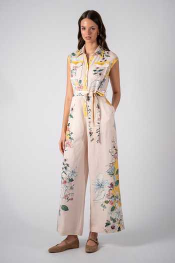 Buy_RANNA GILL_Multi Color Linen, Viscose Collared Neck Orion Pocket Jumpsuit _at_Aza_Fashions