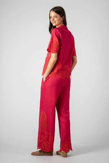 Buy_RANNA GILL_Fuchsia Polyester Button-down Neck Olive Schiffli Shirt _Online_at_Aza_Fashions