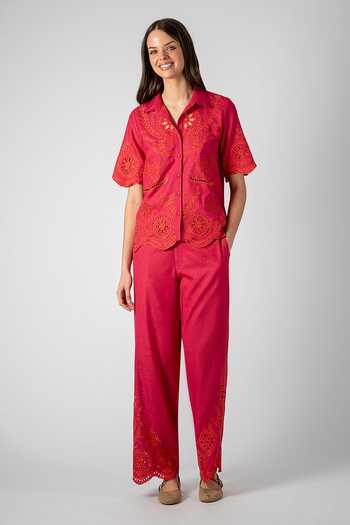 Shop_RANNA GILL_Fuchsia Polyester Button-down Neck Olive Schiffli Shirt _Online_at_Aza_Fashions