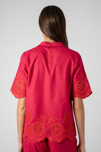 RANNA GILL_Fuchsia Polyester Button-down Neck Olive Schiffli Shirt _Online_at_Aza_Fashions