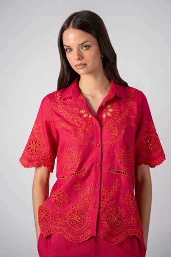 Buy_RANNA GILL_Fuchsia Polyester Button-down Neck Olive Schiffli Shirt _at_Aza_Fashions