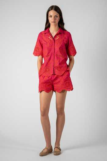 Buy_RANNA GILL_Fuchsia Polyester Fiamma Schiffli Shorts _at_Aza_Fashions