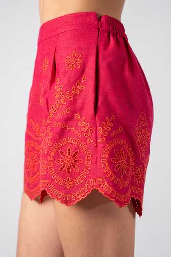 Buy_RANNA GILL_Fuchsia Polyester Fiamma Schiffli Shorts _Online_at_Aza_Fashions
