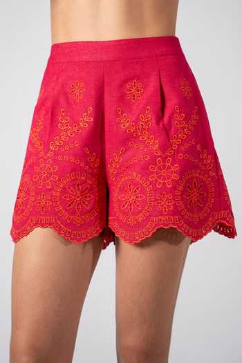 Shop_RANNA GILL_Fuchsia Polyester Fiamma Schiffli Shorts _Online_at_Aza_Fashions