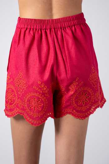 RANNA GILL_Fuchsia Polyester Fiamma Schiffli Shorts _Online_at_Aza_Fashions