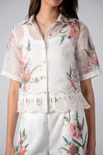 Shop_RANNA GILL_White Linen Button-down Neck Vivara Queen Anne Lace Print Shirt _Online_at_Aza_Fashions