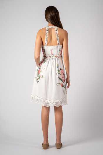 RANNA GILL_White Linen Halter Neck Pineleaf Queen Anne Lace Print Dress _Online_at_Aza_Fashions