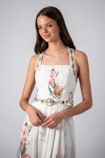 Buy_RANNA GILL_White Linen Halter Neck Pineleaf Queen Anne Lace Print Dress _Online_at_Aza_Fashions