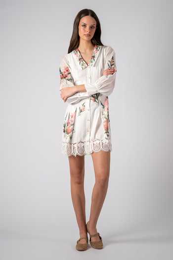 Buy_RANNA GILL_White Linen Collared Neck Alivio Chelsea Dress _at_Aza_Fashions