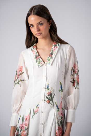 Buy_RANNA GILL_White Linen Collared Neck Alivio Chelsea Dress _Online_at_Aza_Fashions