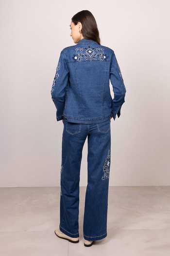 Shop_RANNA GILL_Blue Denim Collared Neck Velin Panel Jacket _at_Aza_Fashions