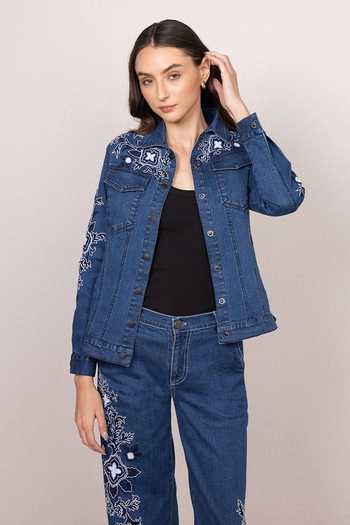 Buy_RANNA GILL_Blue Denim Collared Neck Velin Panel Jacket _Online_at_Aza_Fashions
