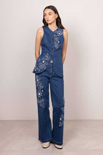 RANNA GILL_Blue Denim V-neck Roxy Waistcoat _at_Aza_Fashions