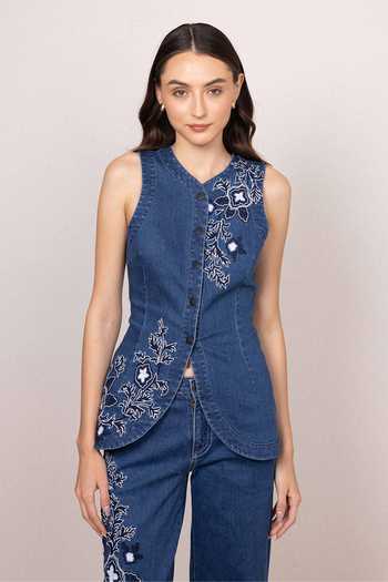 Buy_RANNA GILL_Blue Denim V-neck Roxy Waistcoat _at_Aza_Fashions