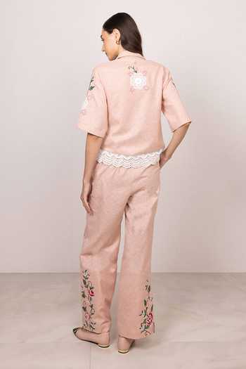 RANNA GILL_Peach Polyester Collared Neck Alira Curved Hem Shirt And Pant Set _Online_at_Aza_Fashions