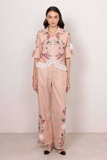 Buy_RANNA GILL_Peach Polyester Collared Neck Alira Curved Hem Shirt And Pant Set _Online_at_Aza_Fashions
