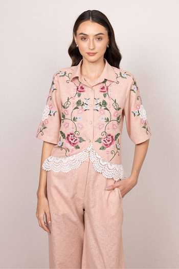 Buy_RANNA GILL_Peach Polyester Collared Neck Alira Curved Hem Shirt And Pant Set _at_Aza_Fashions
