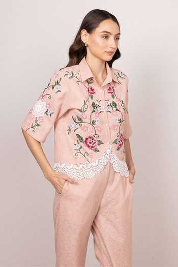 Shop_RANNA GILL_Peach Polyester Collared Neck Alira Curved Hem Shirt And Pant Set _Online_at_Aza_Fashions