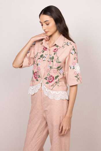 RANNA GILL_Peach Polyester Collared Neck Alira Curved Hem Shirt And Pant Set _at_Aza_Fashions