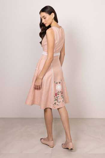 Buy_RANNA GILL_Peach Polyester Round Neck Serel Sleeveless Panel Midi Dress _Online_at_Aza_Fashions