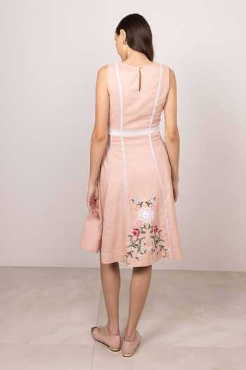 RANNA GILL_Peach Polyester Round Neck Serel Sleeveless Panel Midi Dress _Online_at_Aza_Fashions