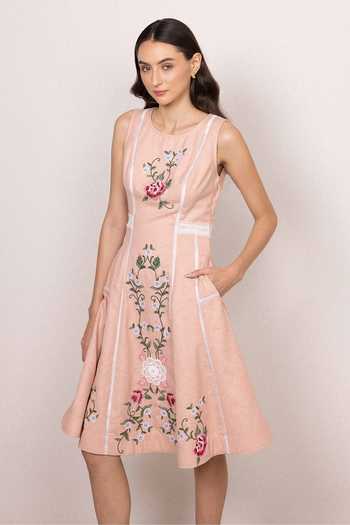 Buy_RANNA GILL_Peach Polyester Round Neck Serel Sleeveless Panel Midi Dress _at_Aza_Fashions